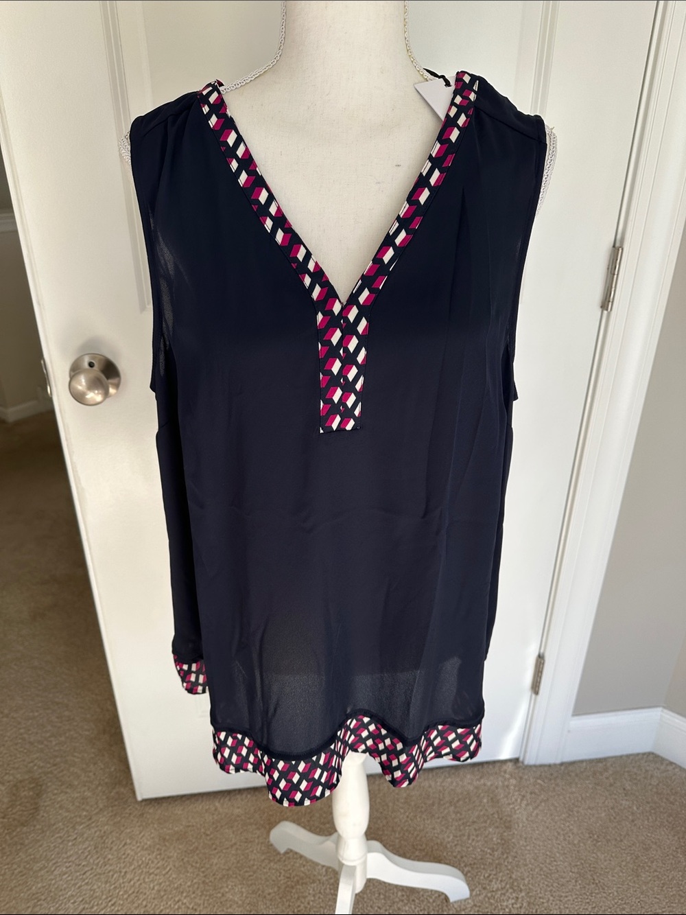 41 Hawthorn Navy Sleeveless V-Neck Tunic with Pink and White Geometric Trim